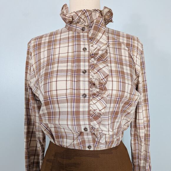 Vintage Lauren Ralph Lauren Button Top L Brown Plaid Ruffle Heritage Equestrian - Picture 4 of 10
